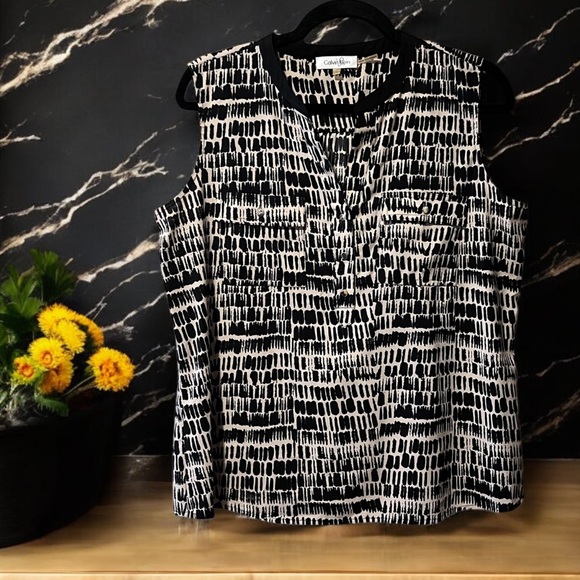 Calvin Klein Vintage Black & Tan Print Sleeveless Top - Picture 3 of 16